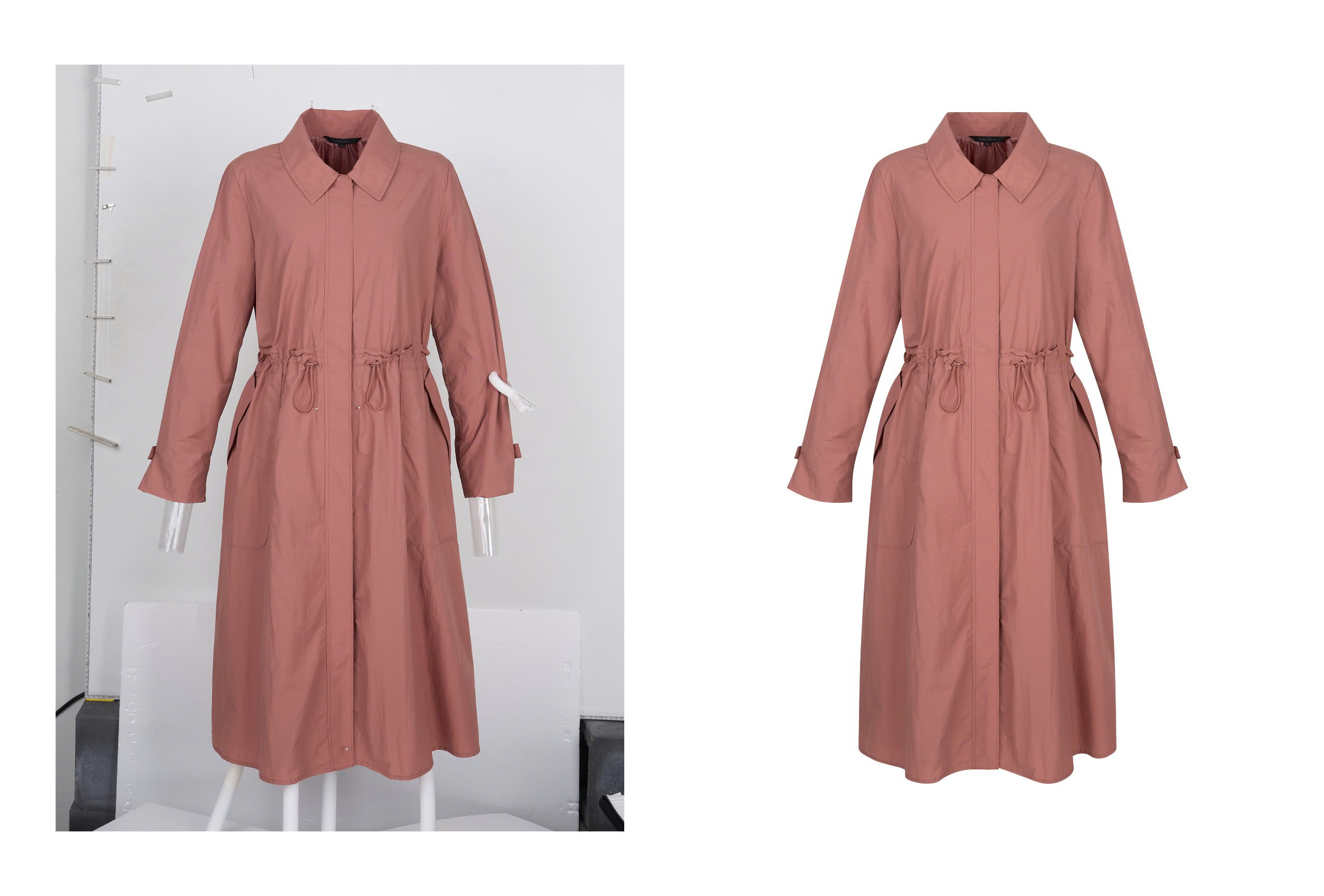 Before and after ghost mannequin retouch of a grey cardigan